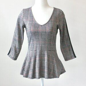 Noir Vintage 90's Grey Houndstooth Peplum V-Neck Top 3/4 Sleeve Blouse Small
